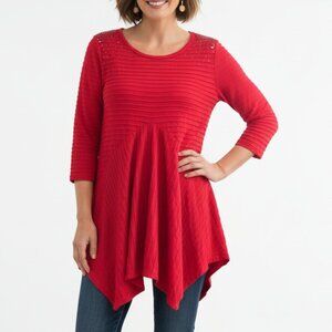 Studio Gem Large Red Textured Sharkbite Hem Embellished 3/4 Sleeve Tunic Top